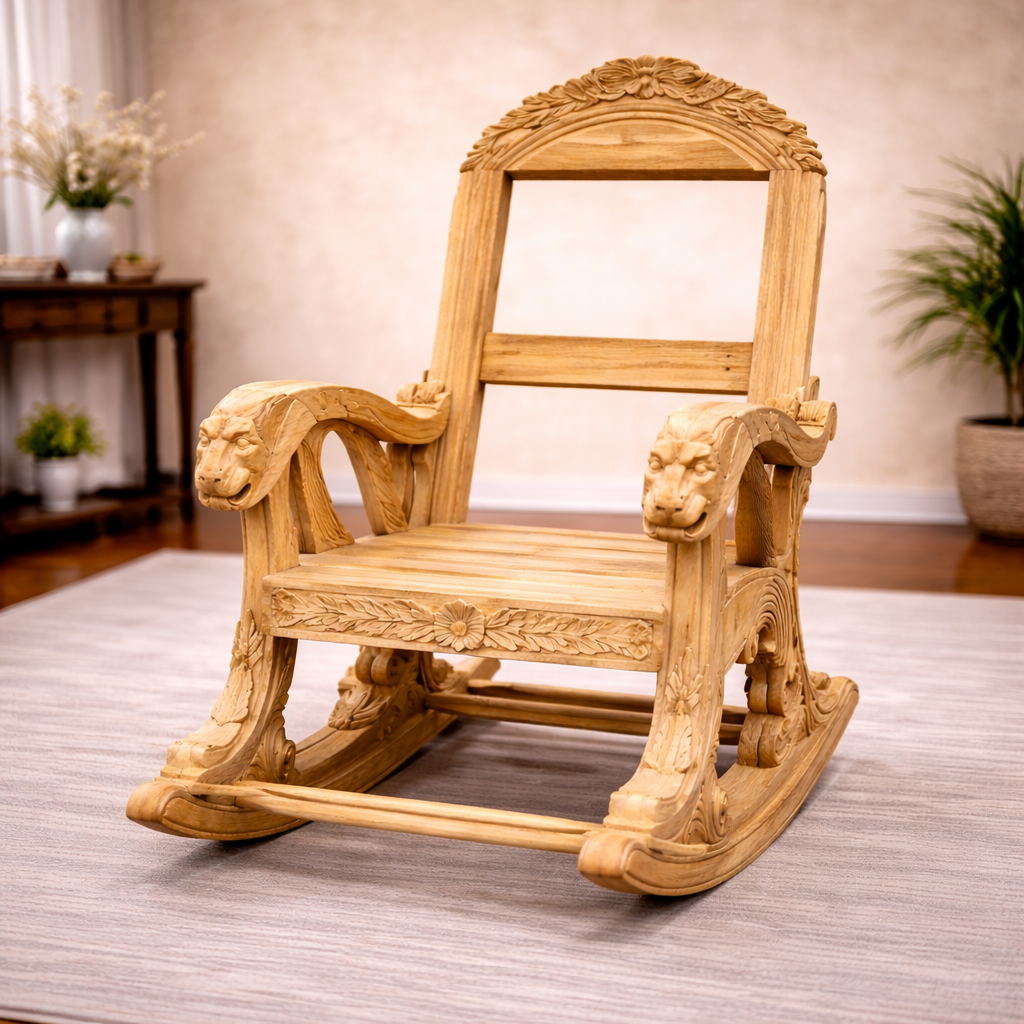 hand carved rocking chair, wooden rocking chair, royal wooden chair, traditional furniture, lion carved chair, antique style rocking chair, premium wooden furniture