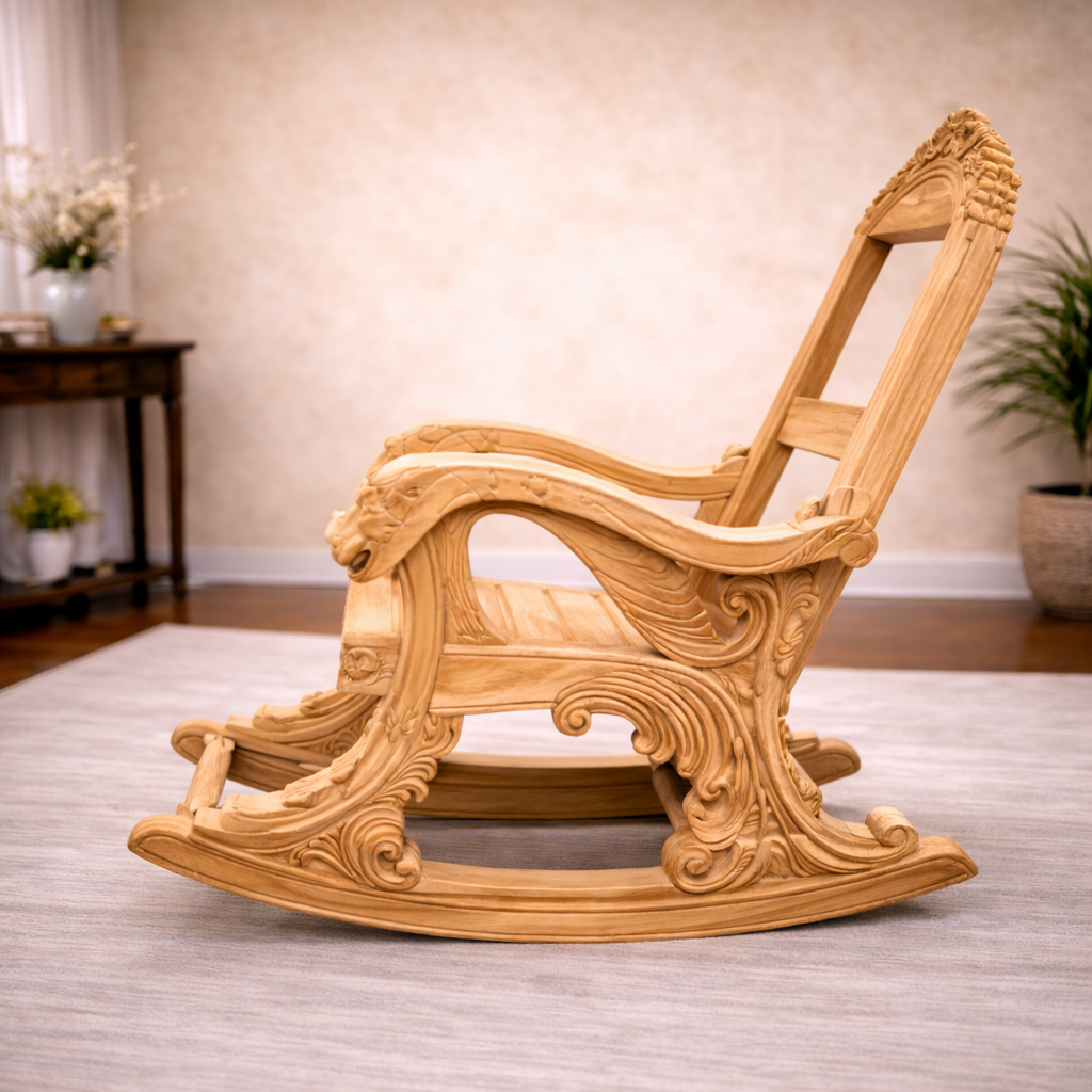 hand carved rocking chair, wooden rocking chair, royal wooden chair, traditional furniture, lion carved chair, antique style rocking chair, premium wooden furniture