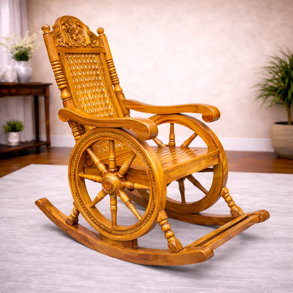Handcrafted Cane-Back Wooden Rocking Chair