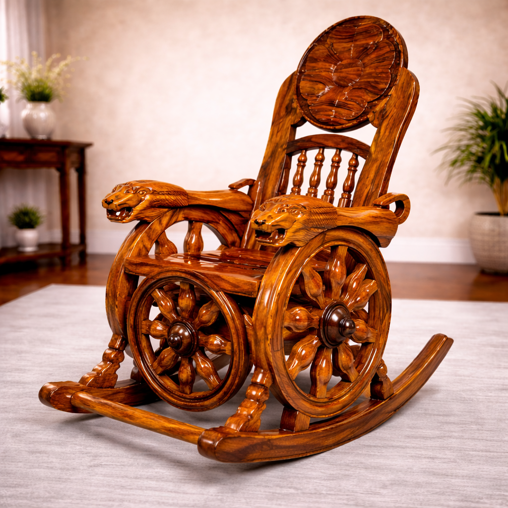 Royal Lion-Carved Wooden Rocking Chair