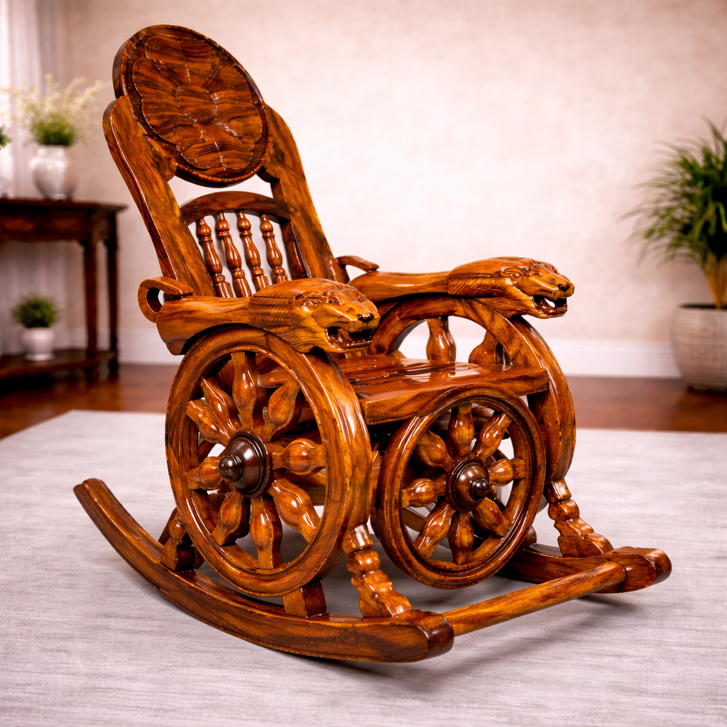 Royal Lion-Carved Wooden Rocking Chair