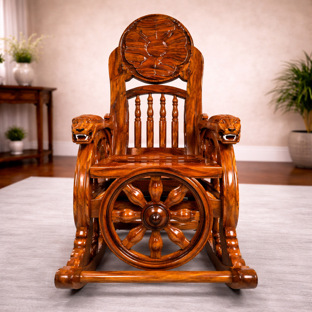 Royal Lion-Carved Wooden Rocking Chair