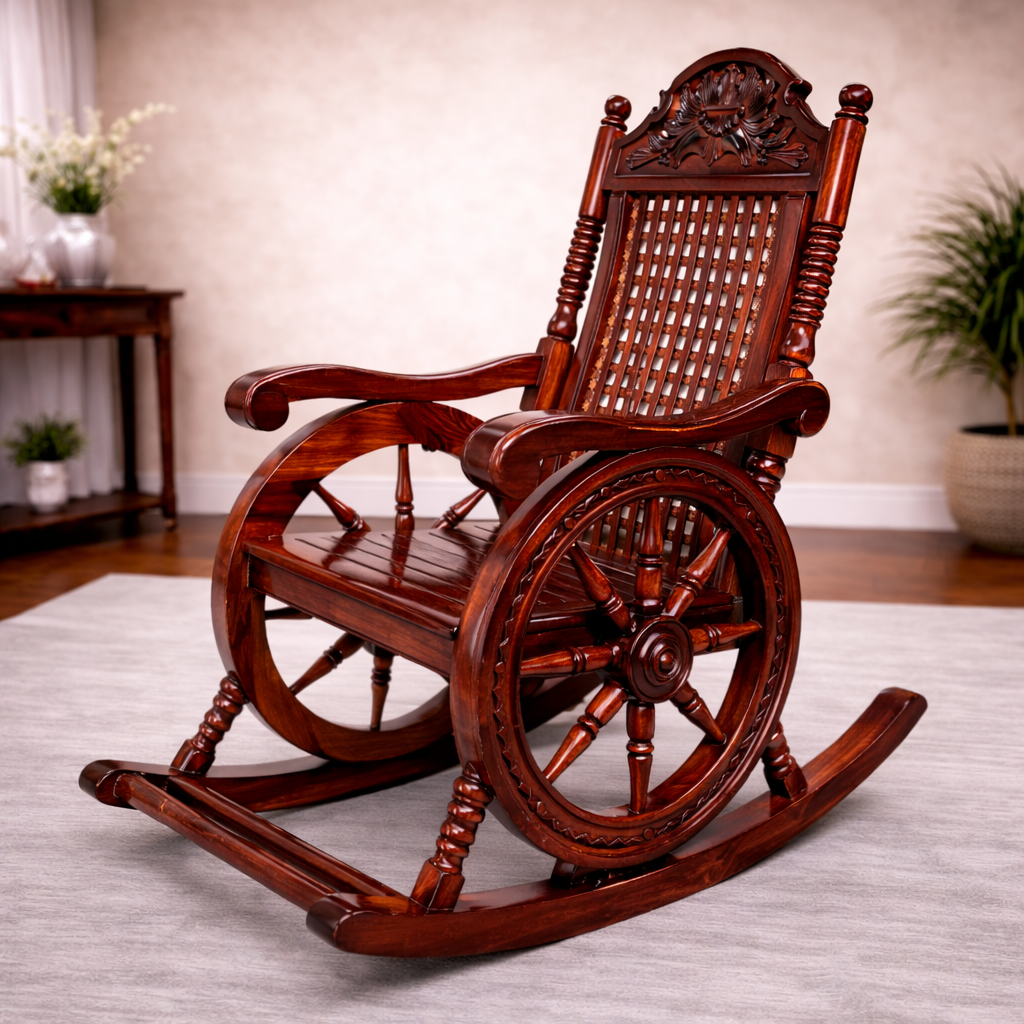 cane back rocking chair, wooden rocking chair, traditional rocking chair, handcrafted wooden chair, classic furniture, heritage seating, premium wooden furniture