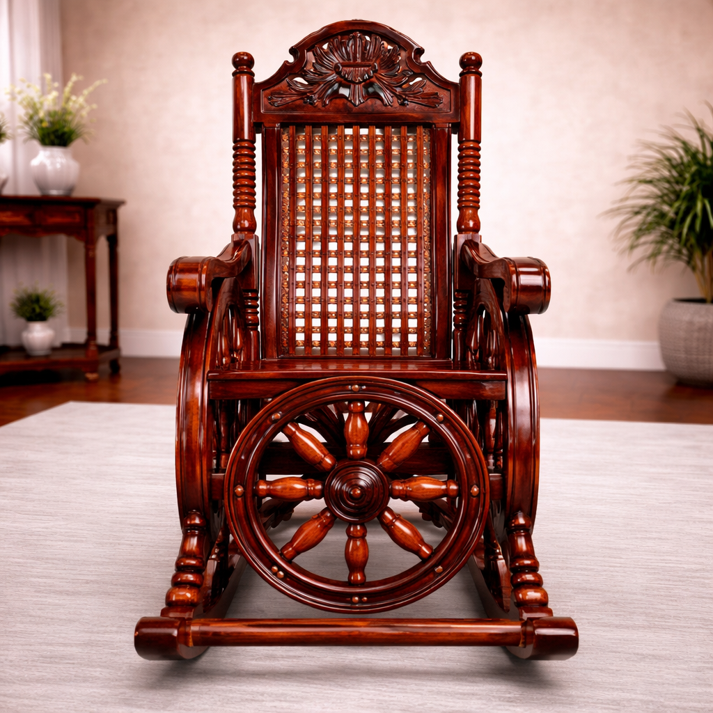 cane back rocking chair, wooden rocking chair, traditional rocking chair, handcrafted wooden chair, classic furniture, heritage seating, premium wooden furniture