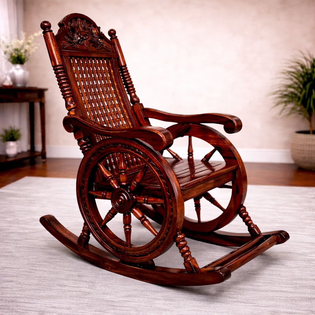 cane back rocking chair, wooden rocking chair, traditional rocking chair, handcrafted wooden chair, classic furniture, heritage seating, premium wooden furniture