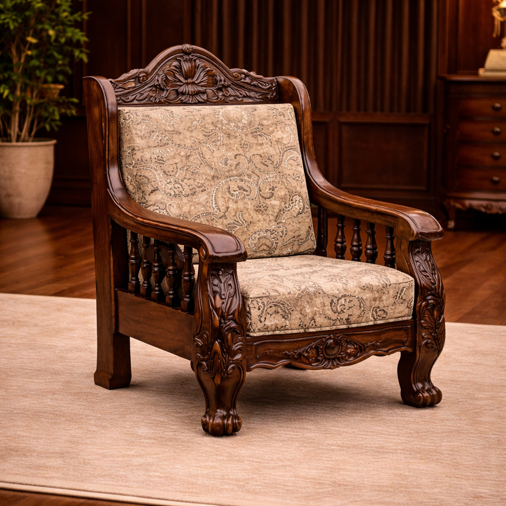 Classic Hand-Carved Teakwood Sofa Set with Center Table