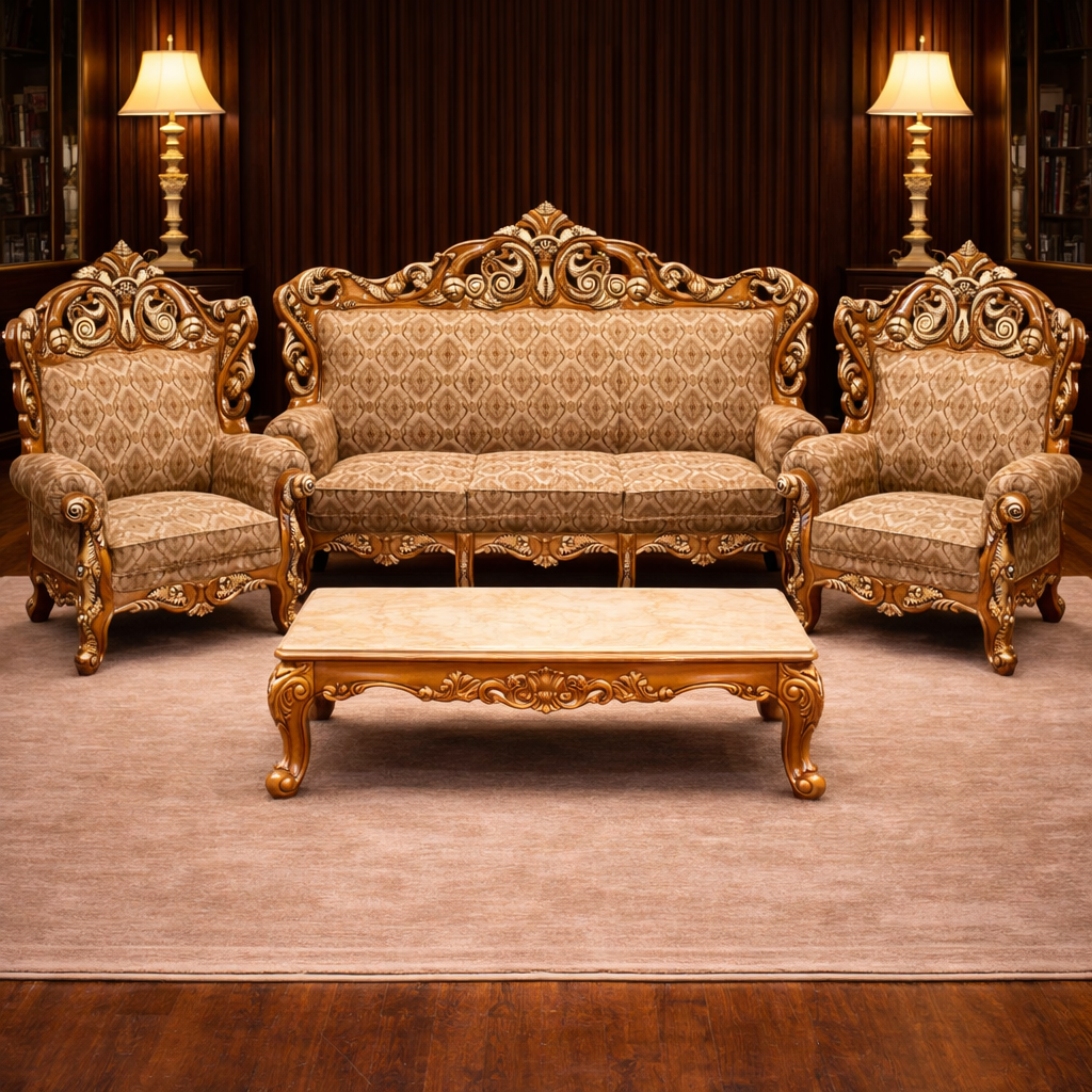 Royal Hand-Carved Teak Wood Sofa Set
