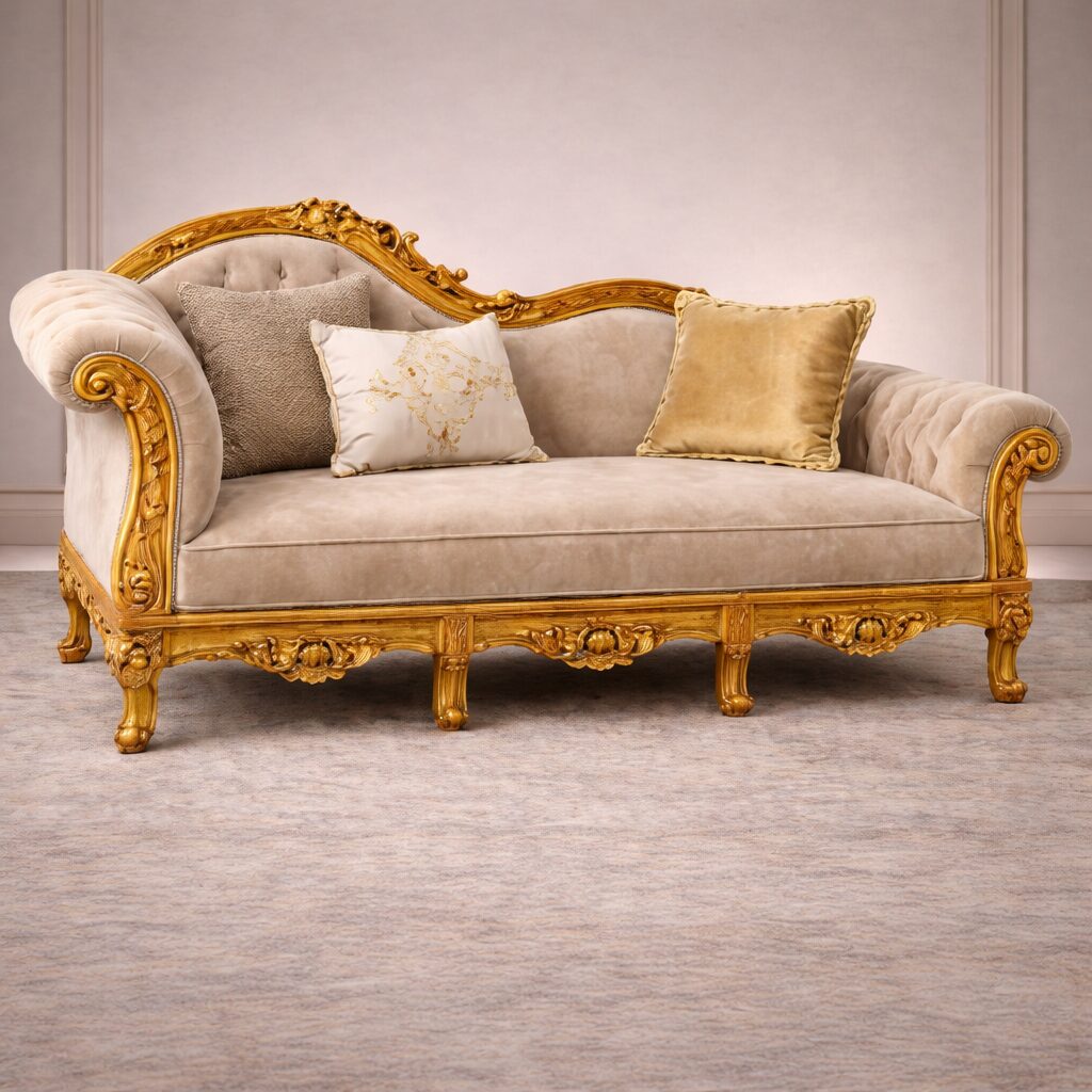 Luxury Maharaja Solid Teakwood Chaise Sofa with Gold Carved Frame & Tufted Back
