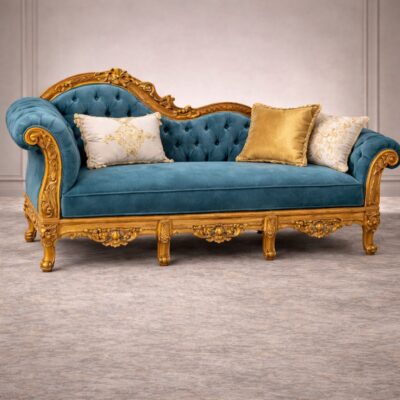 Luxury Maharaja Solid Teakwood Chaise Sofa with Gold Carved Frame & Tufted Back