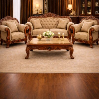 Royal Classic Tufted Teakwood Sofa Set with Center Table