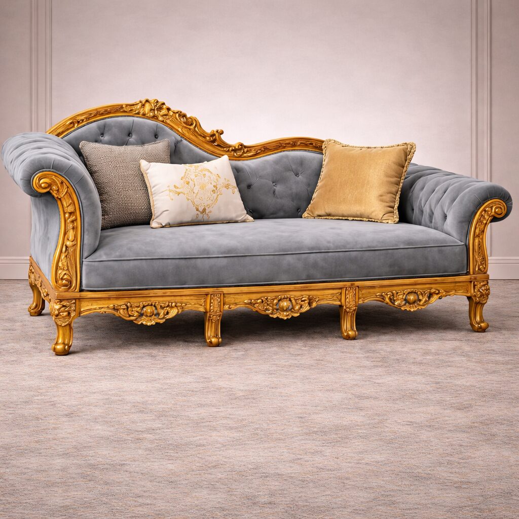 Luxury Maharaja Solid Teakwood Chaise Sofa with Gold Carved Frame & Tufted Back