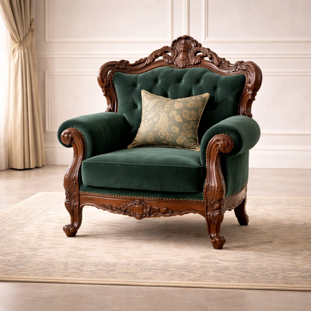 Royal Emerald Tufted Teakwood Sofa Set with Center Table