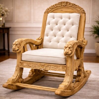 Hand-Carved Royal Lion Arm Teakwood Rocking Chair