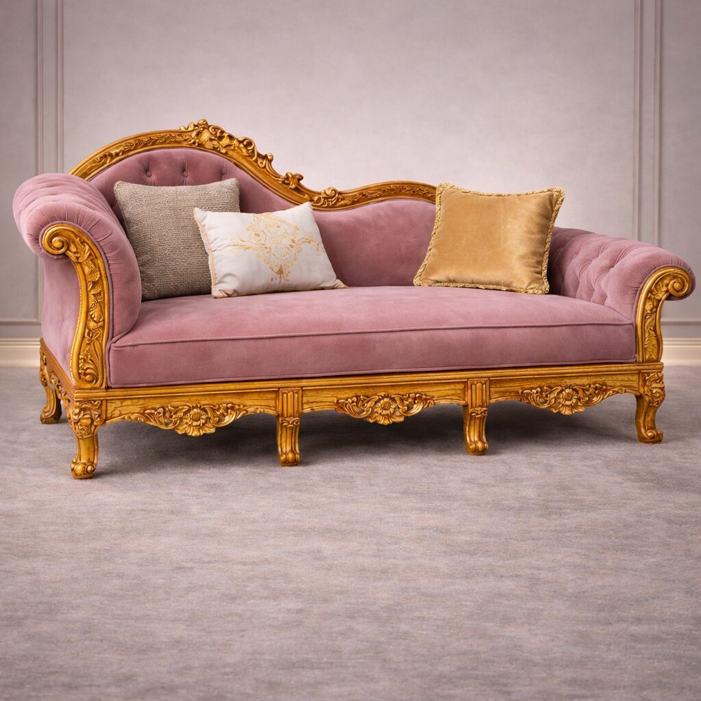 Luxury Maharaja Solid Teakwood Chaise Sofa with Gold Carved Frame & Tufted Back