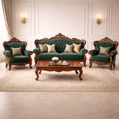 Royal Emerald Tufted Teakwood Sofa Set with Center Table