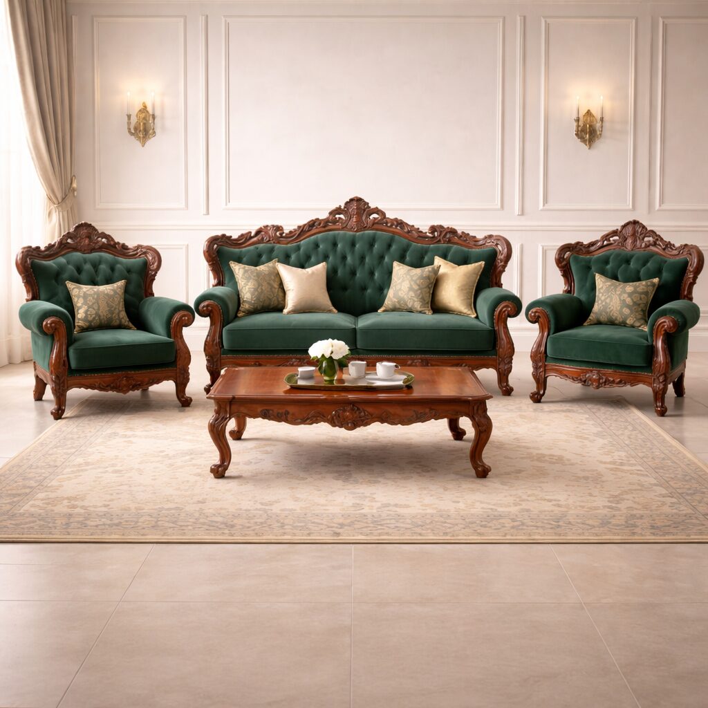 Royal Emerald Tufted Teakwood Sofa Set with Center Table
