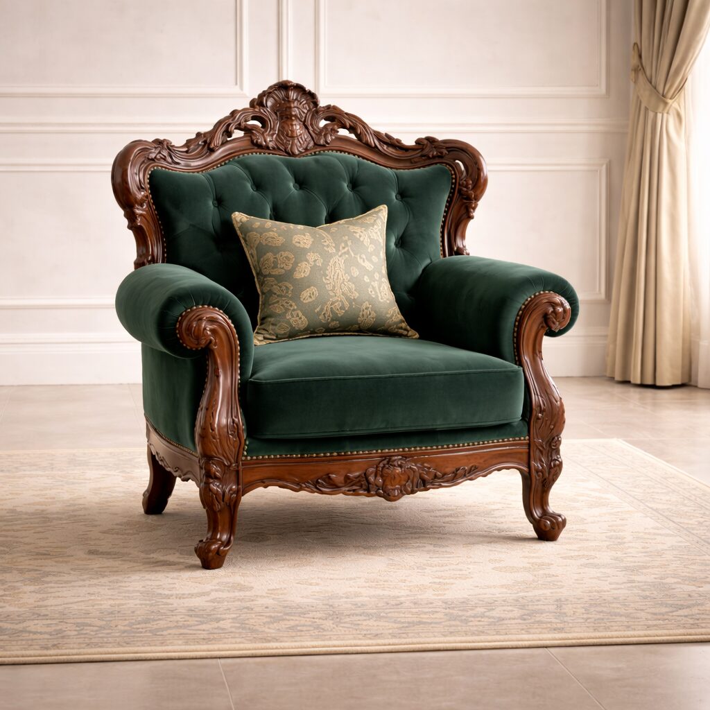 Royal Emerald Tufted Teakwood Sofa Set with Center Table