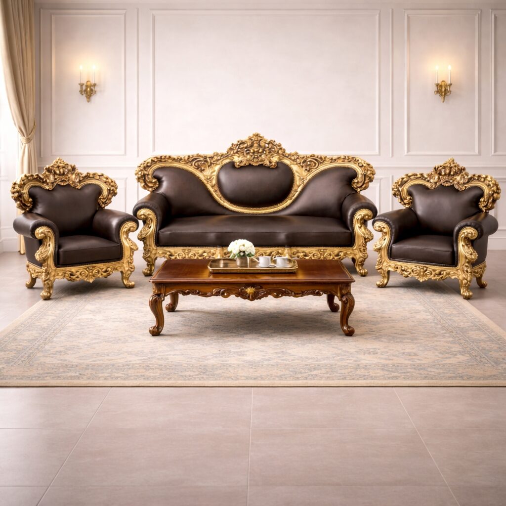 Royal Gold Crown Teakwood Sofa Set with Center Table