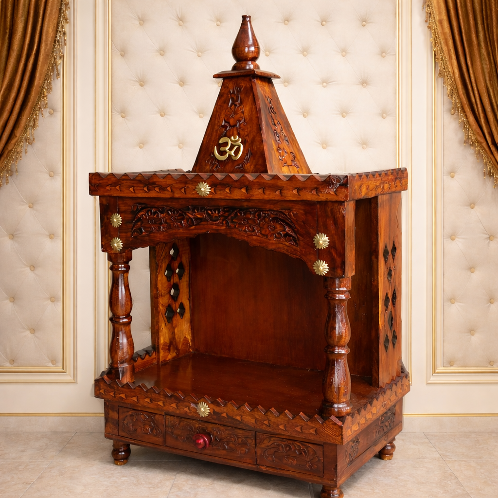 Textured Shikhar Teakwood Mandir with Carved Arch and Drawer Storage