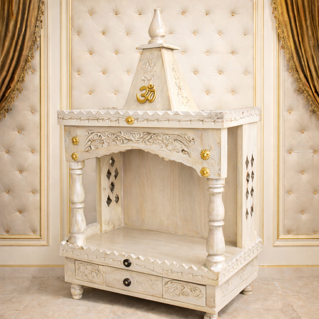 Textured Shikhar Teakwood Mandir with Carved Arch and Drawer Storage