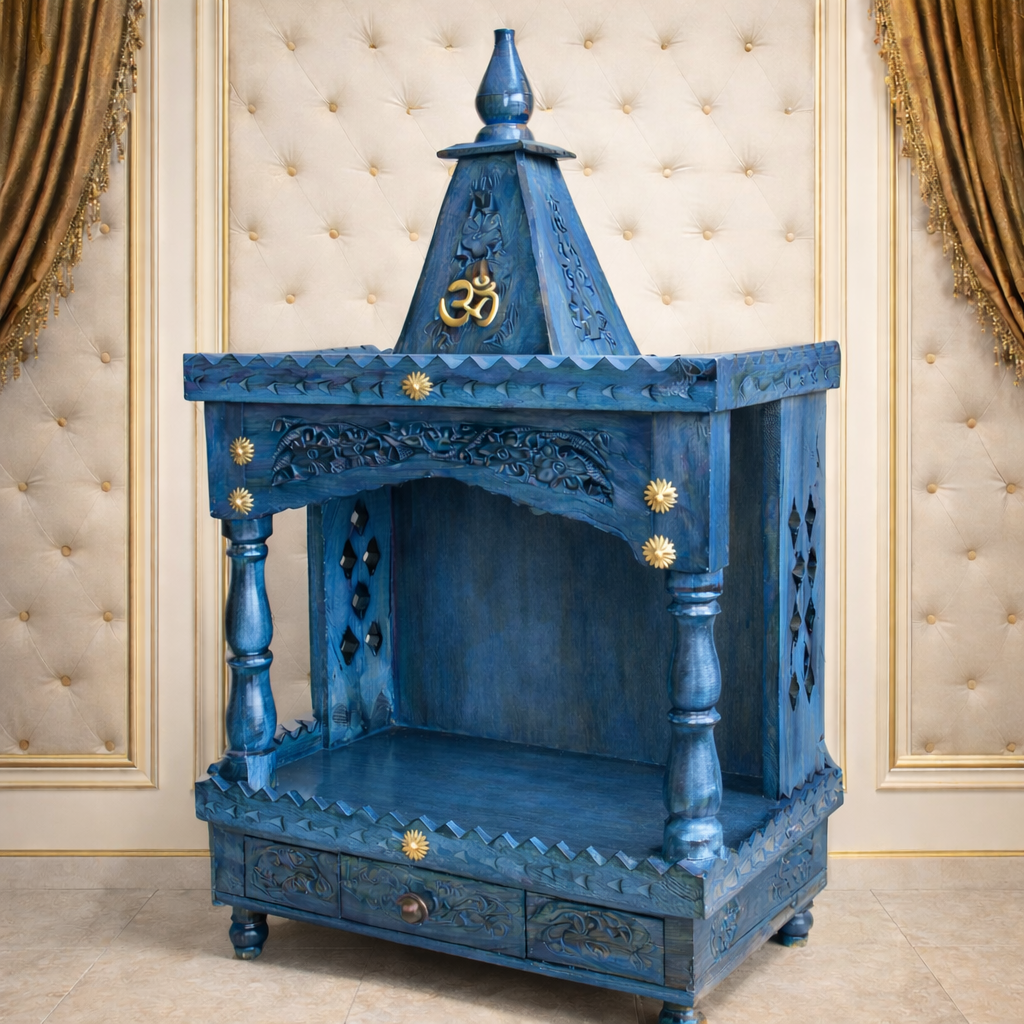 Textured Shikhar Teakwood Mandir with Carved Arch and Drawer Storage