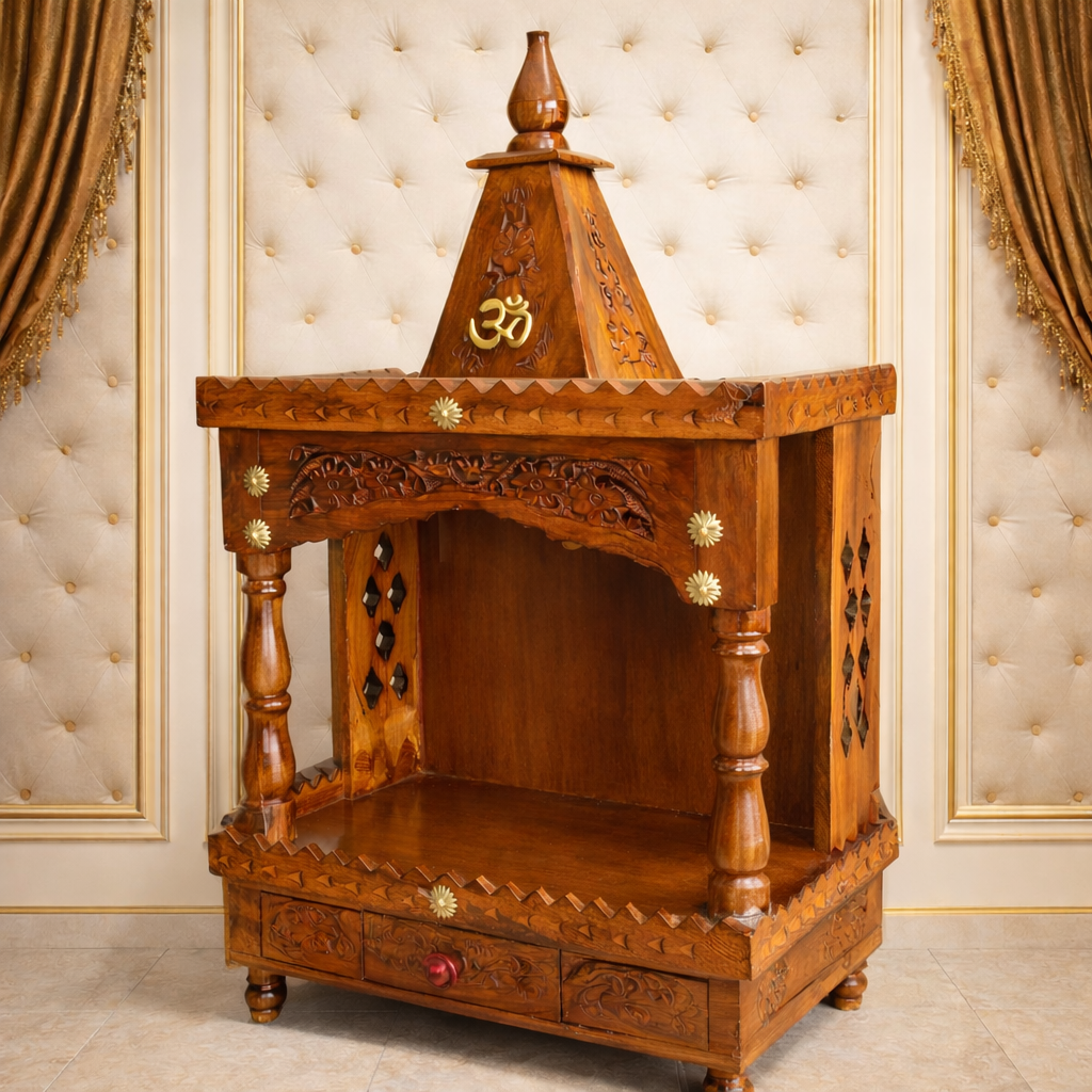 Textured Shikhar Teakwood Mandir with Carved Arch and Drawer Storage
