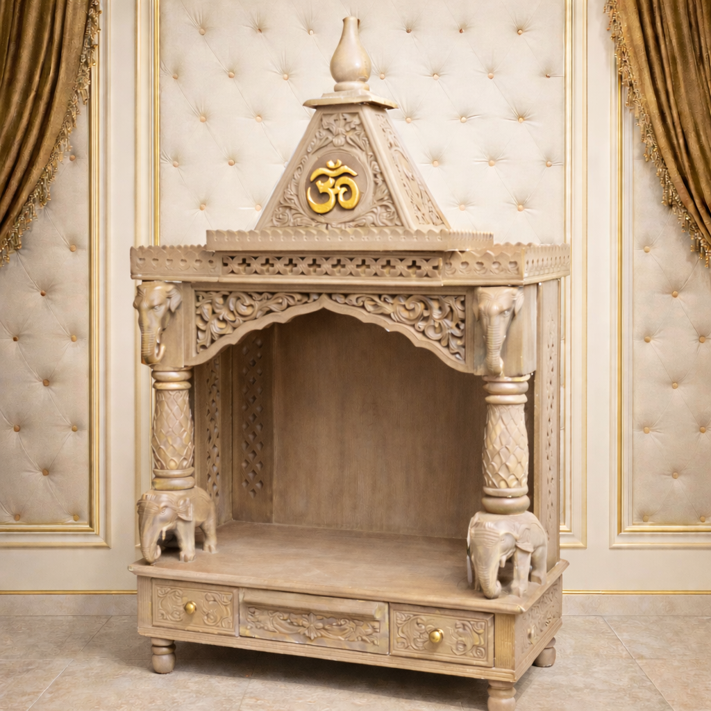 Elephant-Base Shikhar Teakwood Mandir with Carved Pillars and Triple Drawer Storage