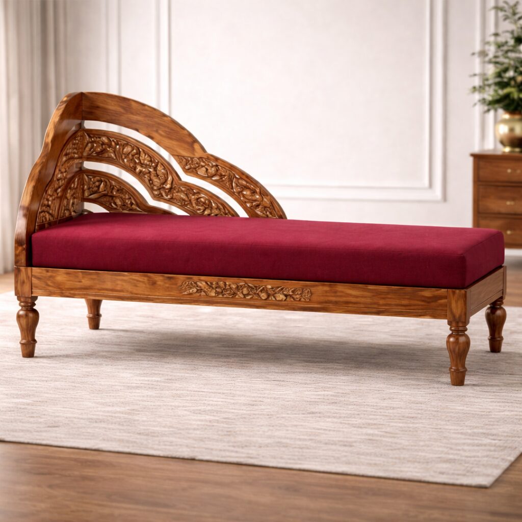 Heritage Solid Teakwood Chaise Lounge with Hand-Carved Backrest & Premium Upholstery