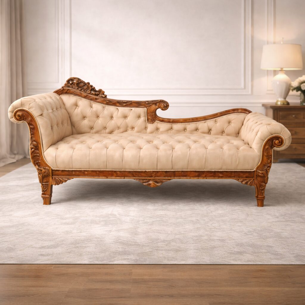 Royal Heritage Teakwood Chaise Lounge with Hand-Carved Frame & Button Tufted Upholstery