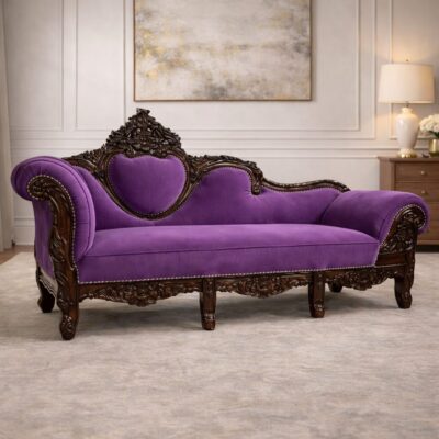 Grand Maharaja Solid Teakwood Chaise Sofa with Heavy Hand-Carved Frame