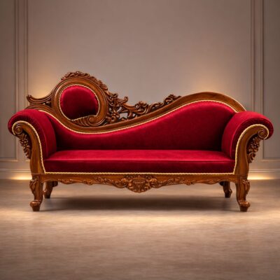 Imperial Royal Solid Teakwood Chaise Sofa with Ornate Hand-Carved Frame