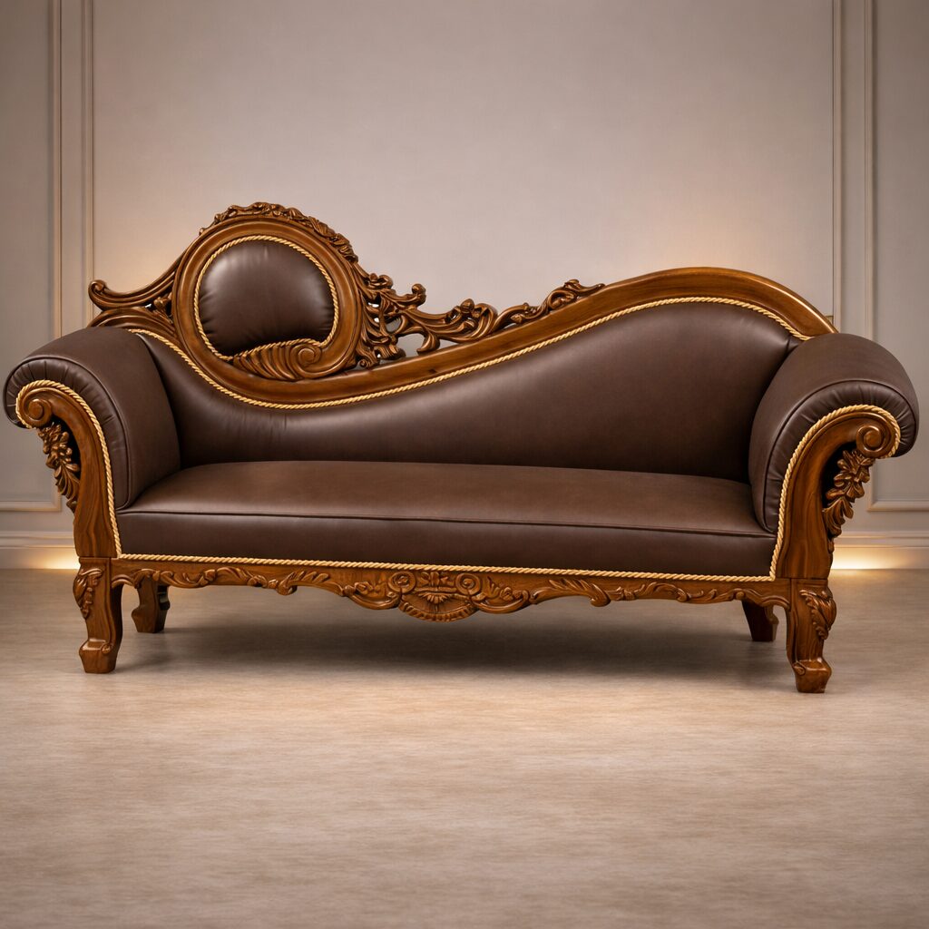 Imperial Royal Solid Teakwood Chaise Sofa with Ornate Hand-Carved Frame