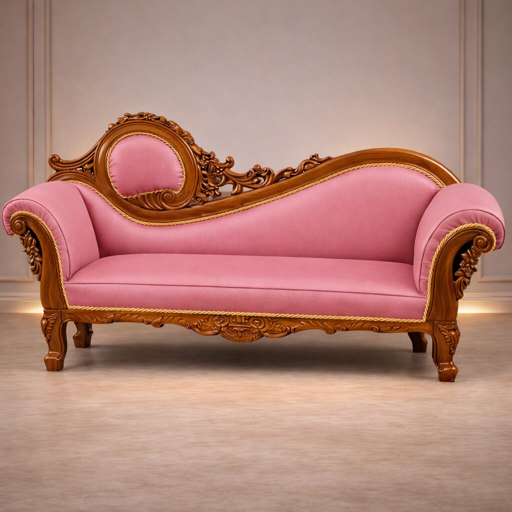 Imperial Royal Solid Teakwood Chaise Sofa with Ornate Hand-Carved Frame