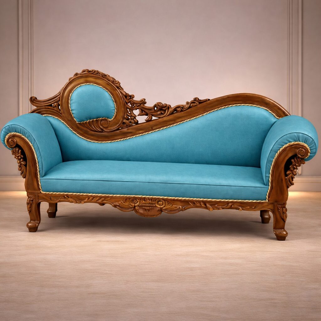 Imperial Royal Solid Teakwood Chaise Sofa with Ornate Hand-Carved Frame