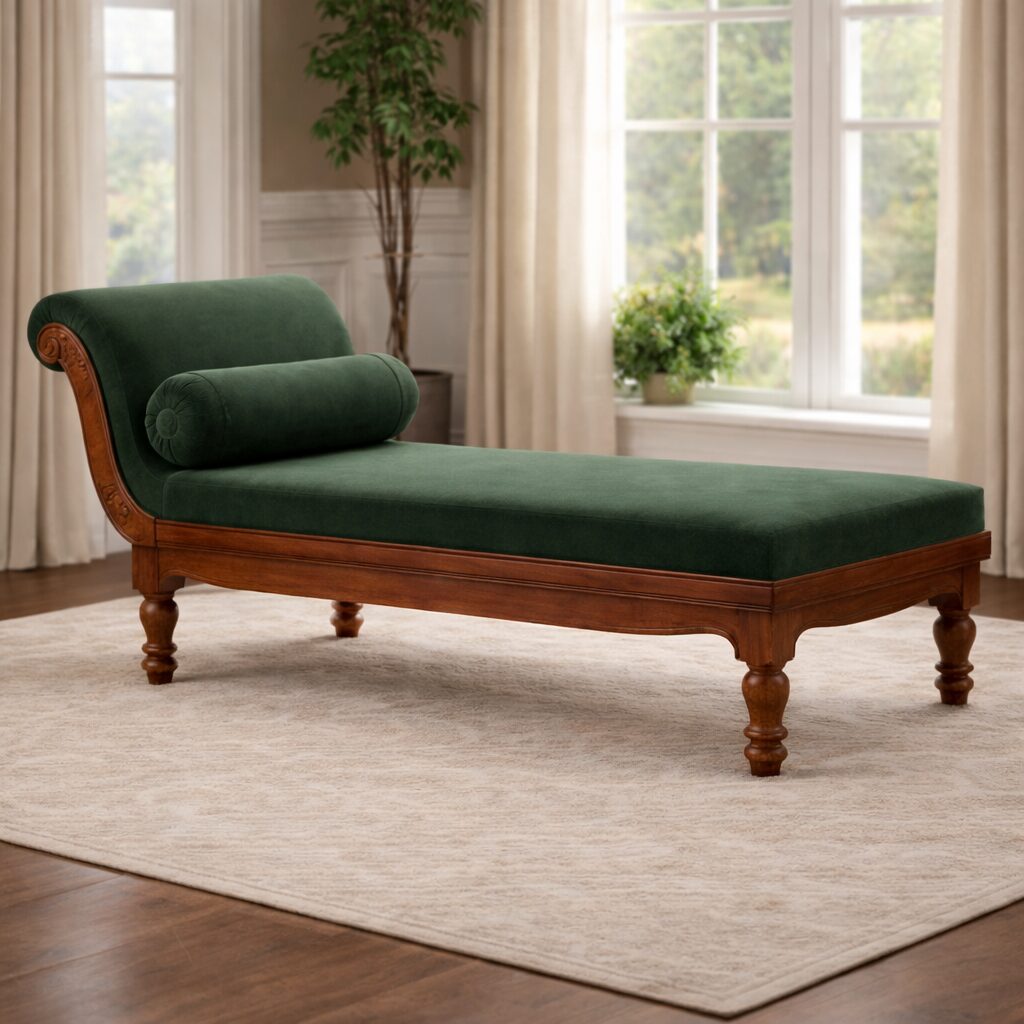 Classic Teakwood Chaise Lounge with Solid Wood Frame & Premium Upholstery