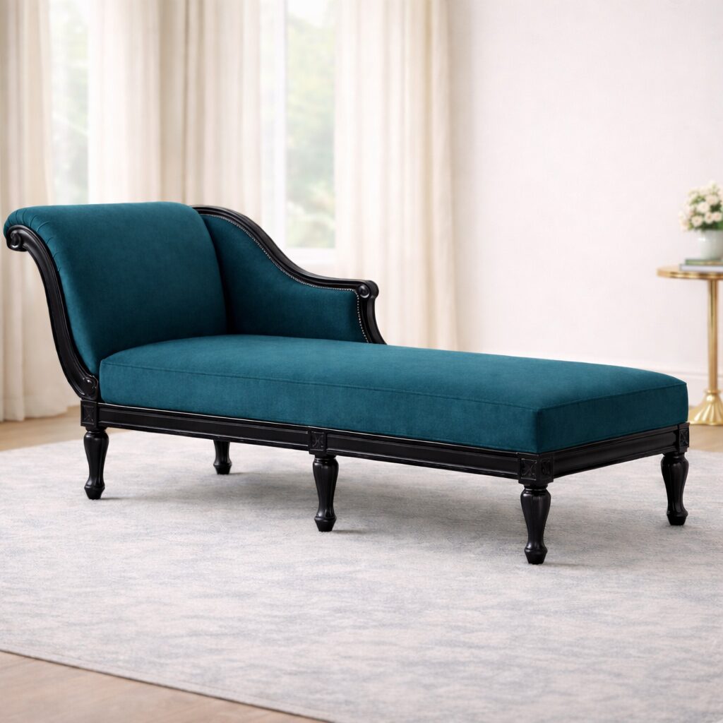 Modern Royal Teakwood Chaise Lounge with Curved Backrest & Premium Upholstery