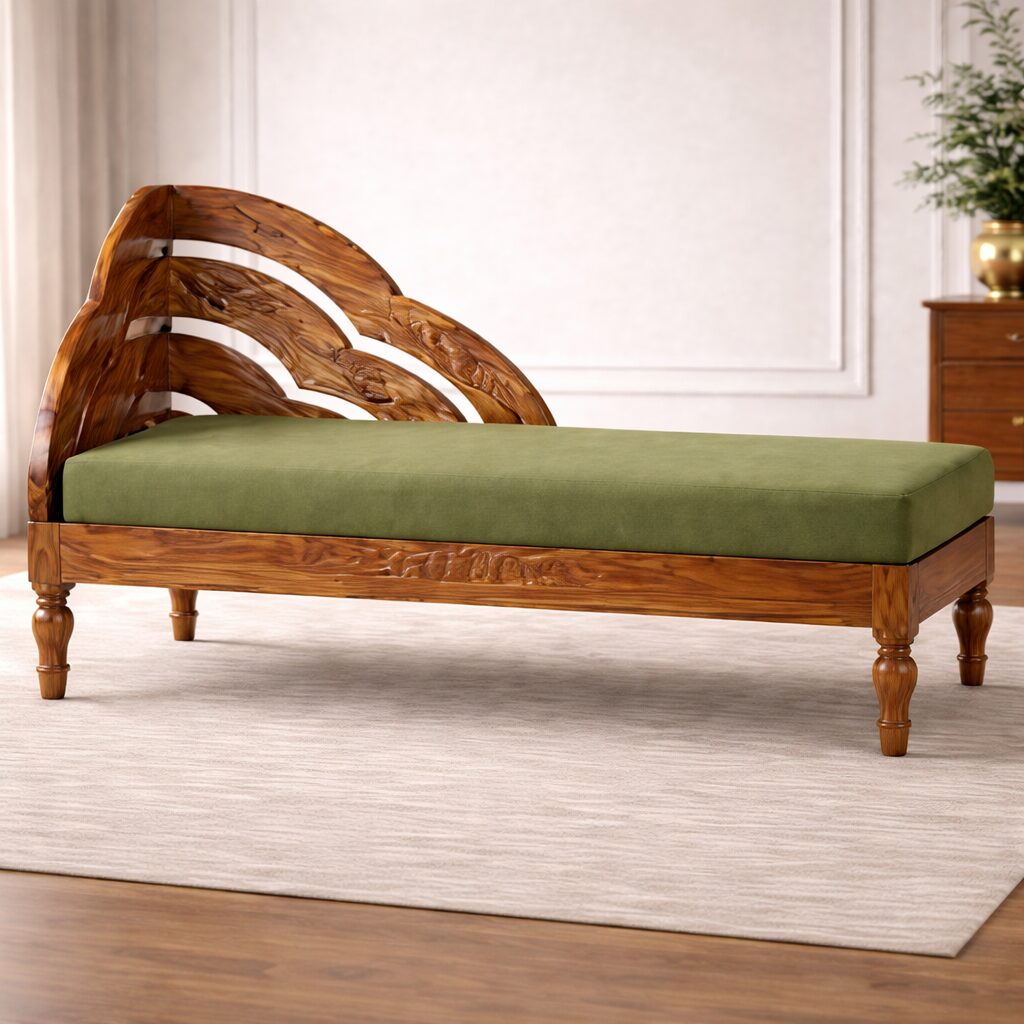 Heritage Solid Teakwood Chaise Lounge with Hand-Carved Backrest & Premium Upholstery
