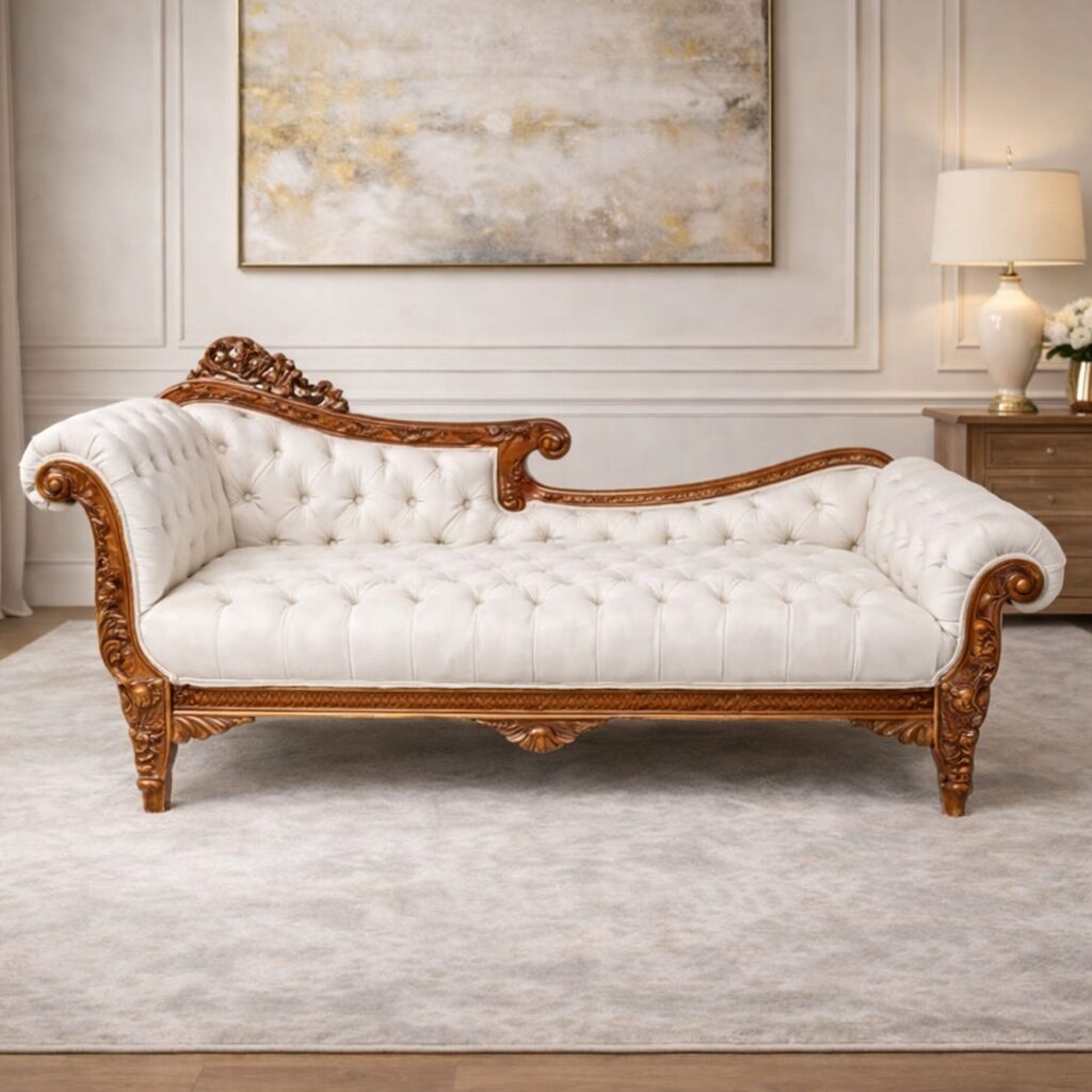 Royal Heritage Teakwood Chaise Lounge with Hand-Carved Frame & Button Tufted Upholstery