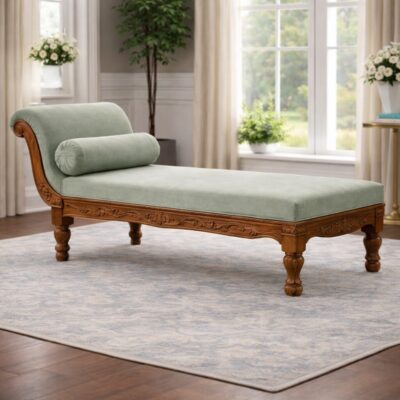 Classic Teakwood Chaise Lounge with Solid Wood Frame & Premium Upholstery