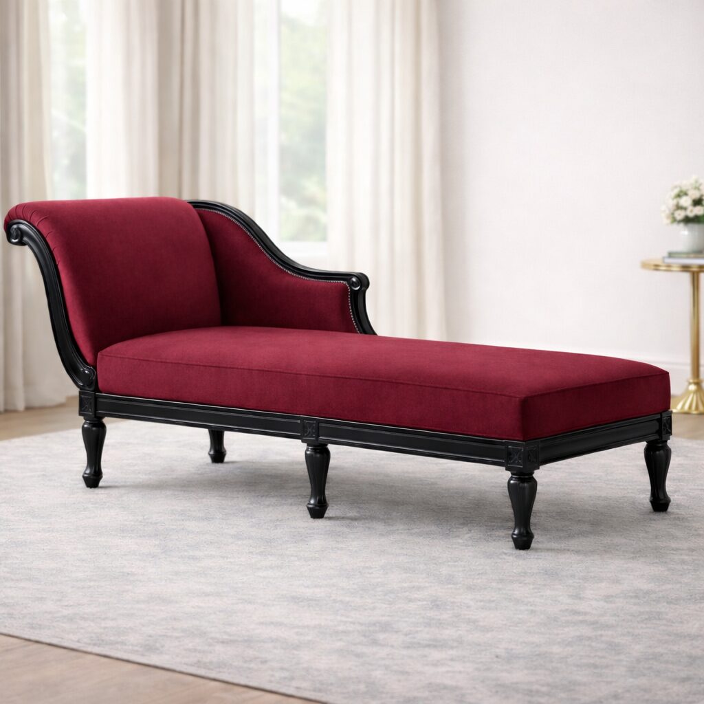 Modern Royal Teakwood Chaise Lounge with Curved Backrest & Premium Upholstery