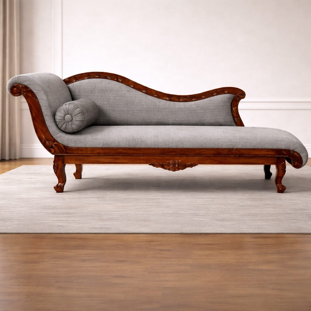 Classic Maharaja Solid Teakwood Chaise Lounge with Curved Carved Frame
