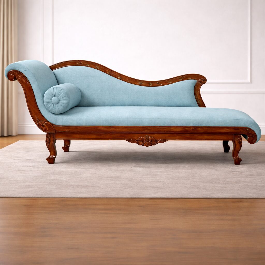 Classic Maharaja Solid Teakwood Chaise Lounge with Curved Carved Frame
