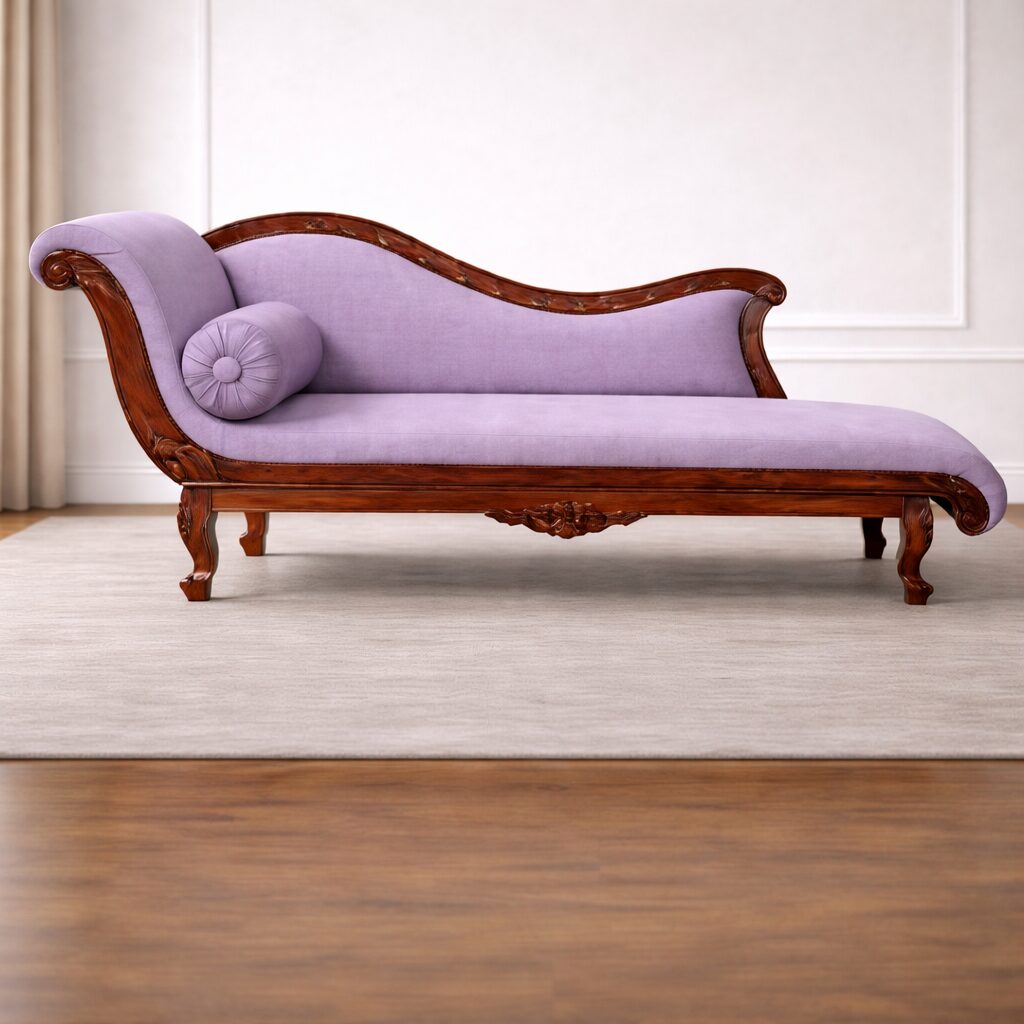 Classic Maharaja Solid Teakwood Chaise Lounge with Curved Carved Frame
