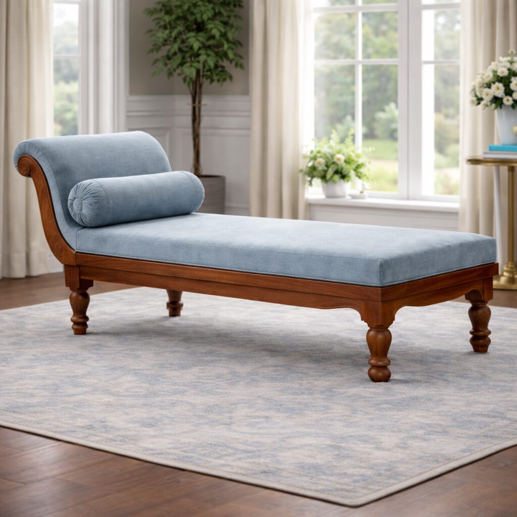 Classic Teakwood Chaise Lounge with Solid Wood Frame & Premium Upholstery