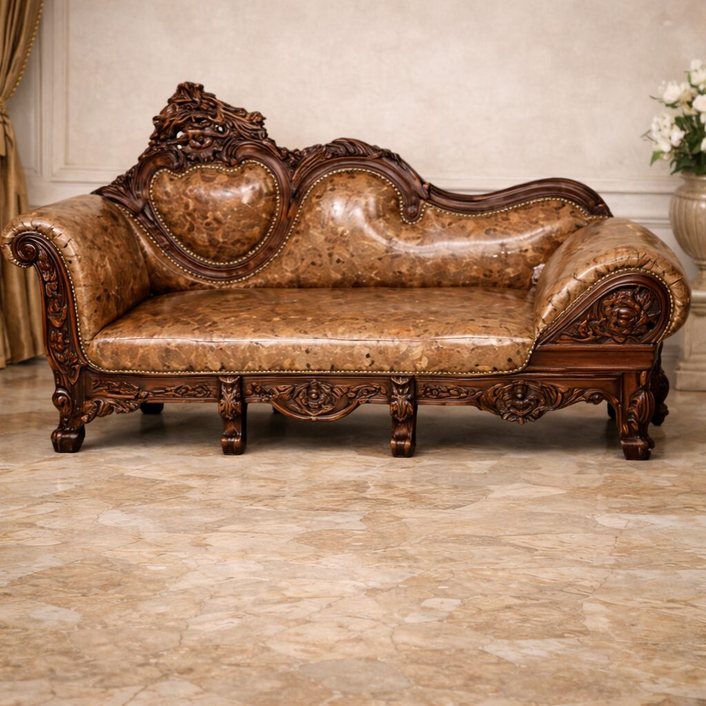 Grand Maharaja Solid Teakwood Chaise Sofa with Heavy Hand-Carved Frame