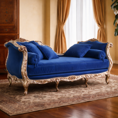 Royal Maharaja Teakwood Chaise Sofa with Ornate Carved Frame & Premium Upholstery
