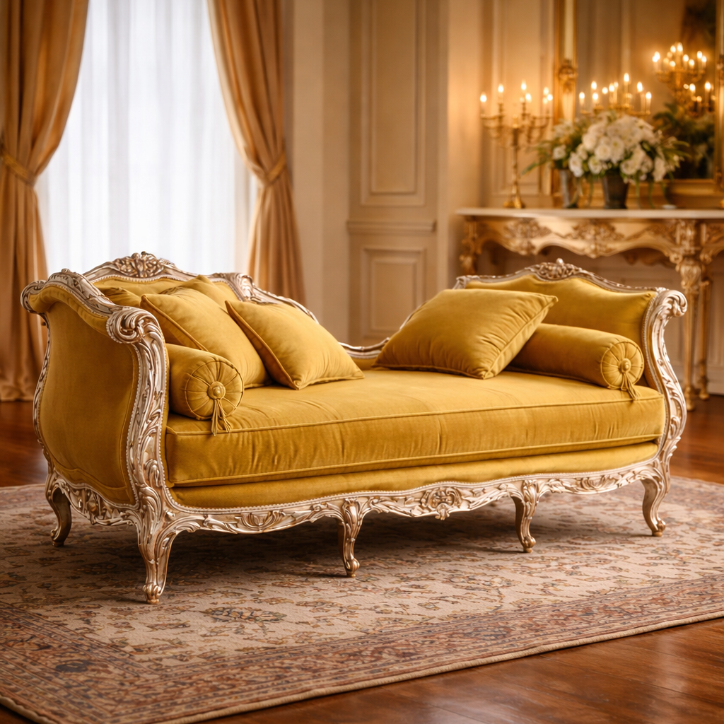 Royal Maharaja Teakwood Chaise Sofa with Ornate Carved Frame & Premium Upholstery
