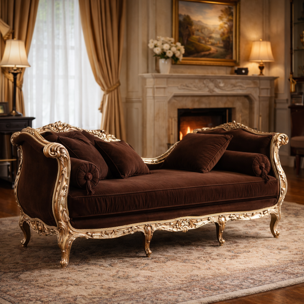 Royal Maharaja Teakwood Chaise Sofa with Ornate Carved Frame & Premium Upholstery