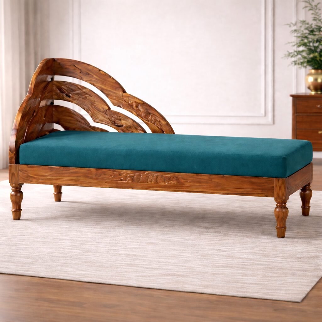 Heritage Solid Teakwood Chaise Lounge with Hand-Carved Backrest & Premium Upholstery