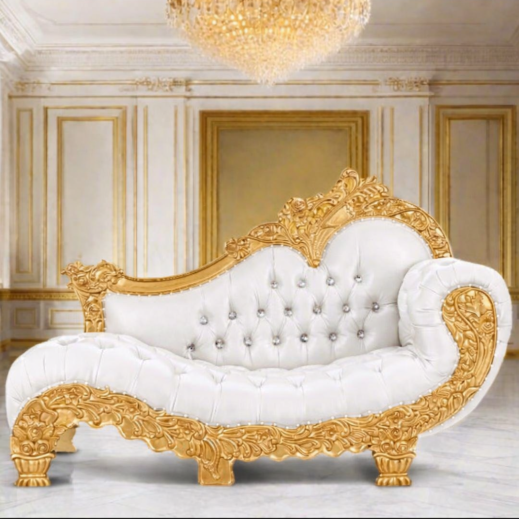 Grand Imperial Maharaja Teakwood Chaise Lounge with Heavy Gold Carving & Tufted Upholstery